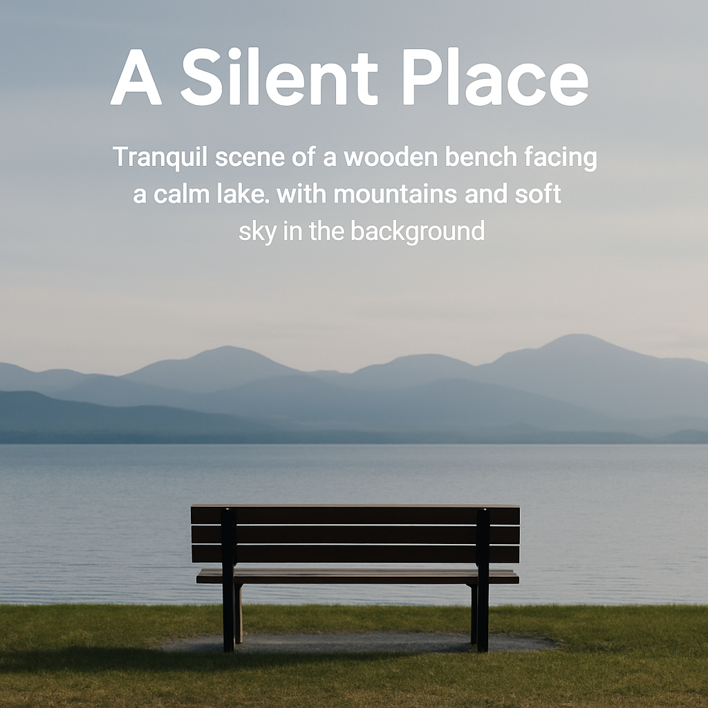 Peaceful lakeside bench facing calm water and mountains – symbolizing mental clarity and relief from overthinking.