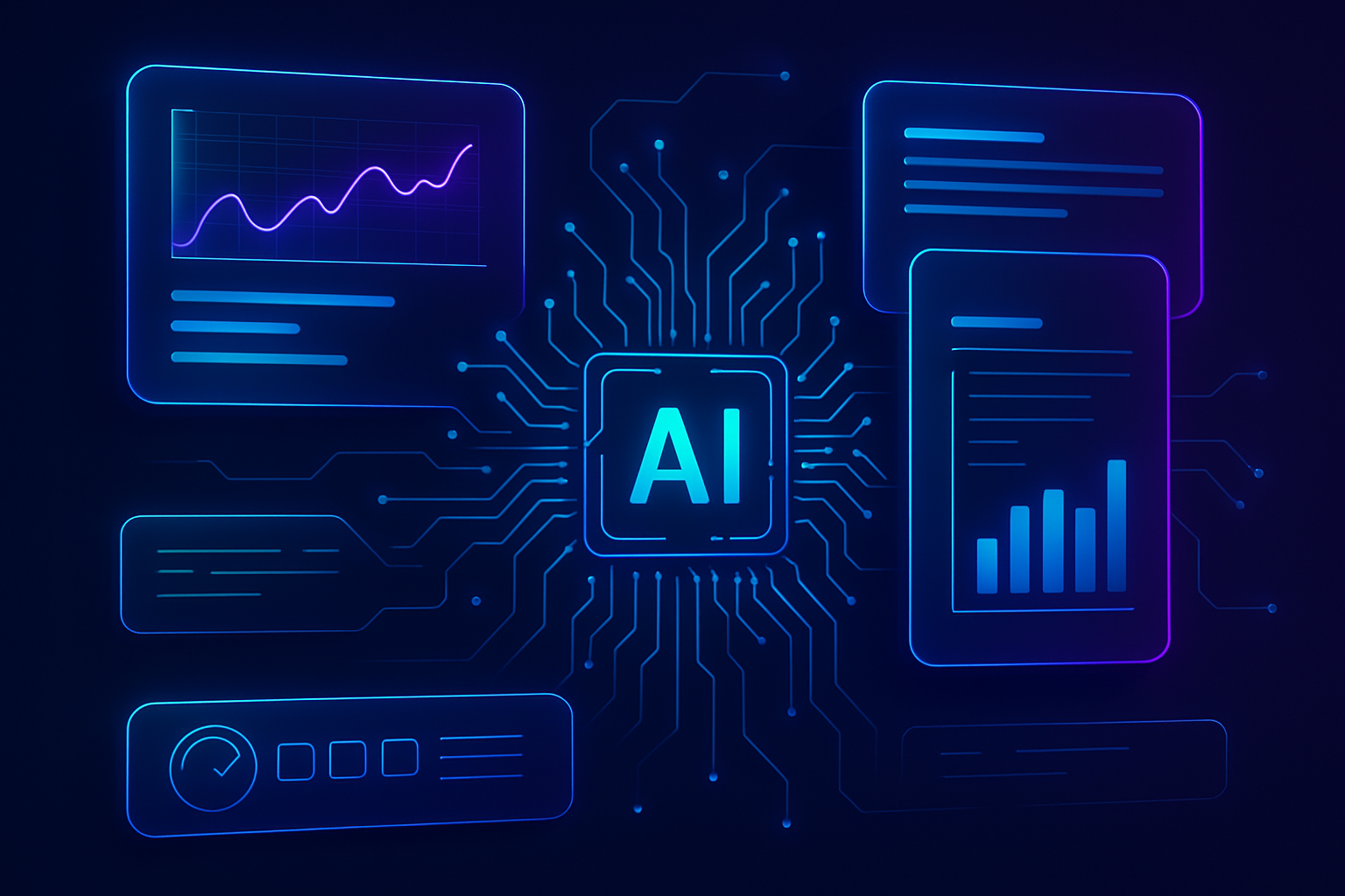 Futuristic AI-powered digital interface with vibrant neon elements and sleek UI panels, representing free AI image generators